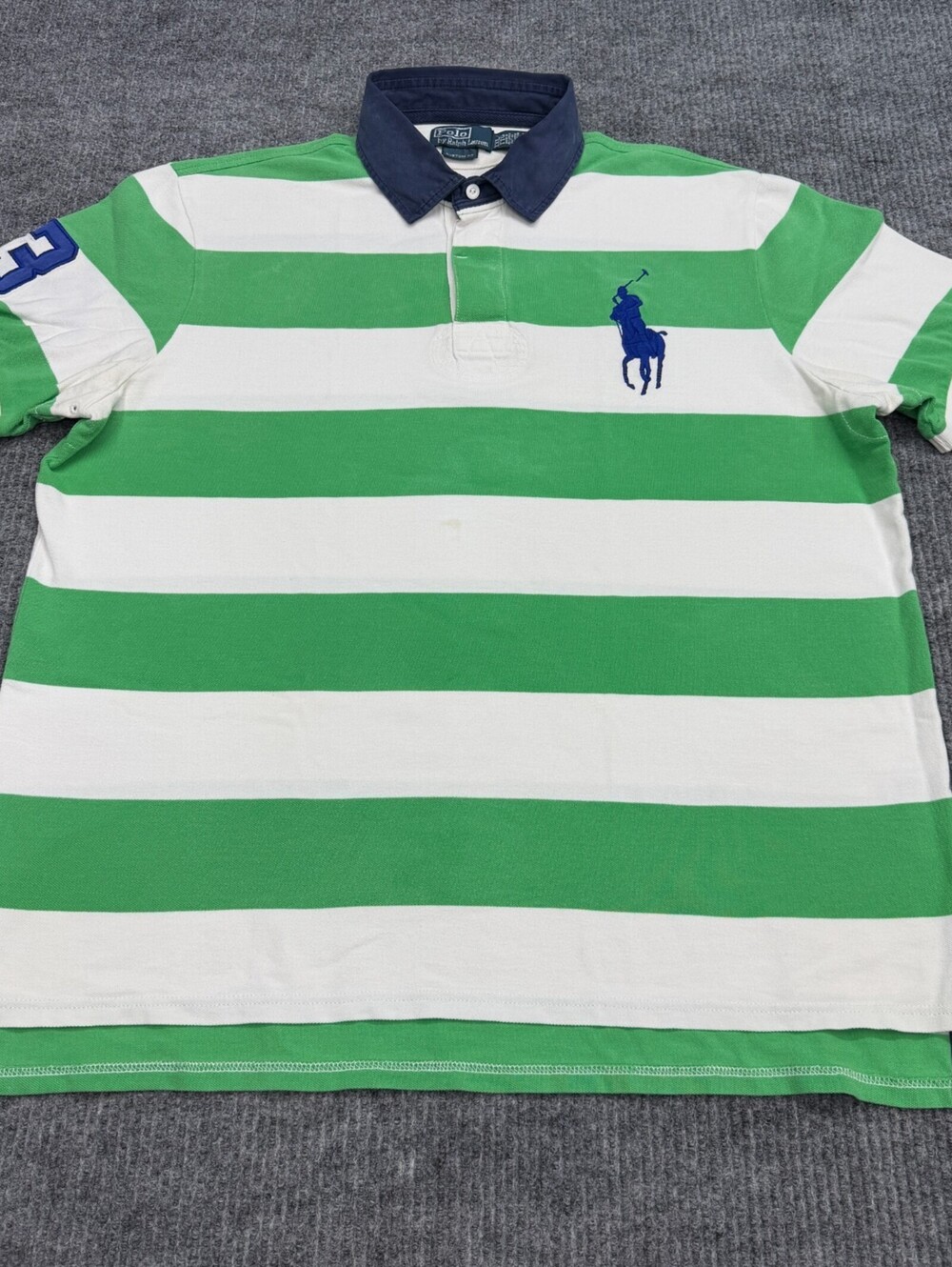 VTG Polo Ralph Lauren Big Pony #3 Shirt Mens XXL White Green Striped Blue Rugby